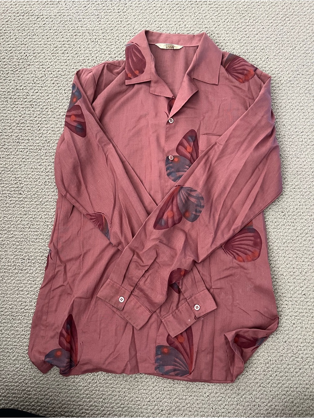 Woman’s Vintage Long-Sleeve Button Shirt in Dusty Rose with Butterfly Print